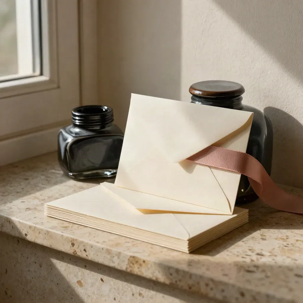 Tarjetas en blanco, sobre sellado y tintero cerámico con cinta rosa nude sobre travertino.