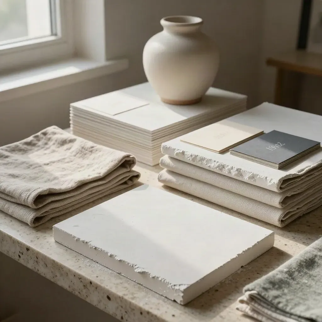 Tablillas de yeso, lino salvia y tarjetas crema en un rincón de estudio con luz dramática.