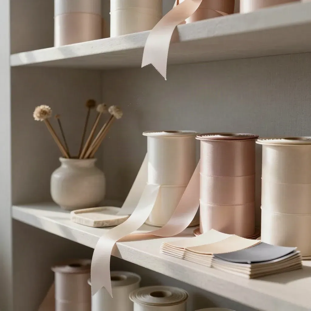 Estantería nupcial con cintas de seda, muestras y tallos de ramo en un atelier cálido.