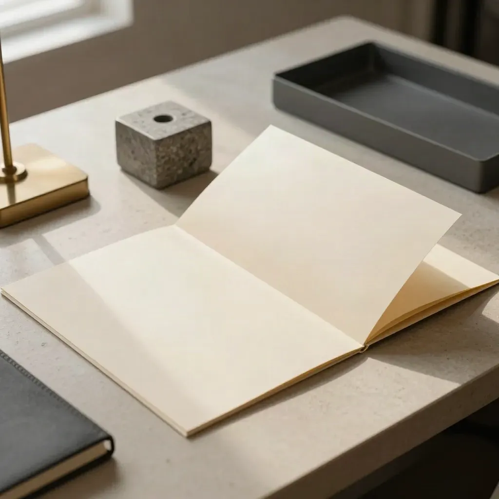 Escritorio legal minimalista con carpetas crema, peso de piedra, lámpara de latón y cuaderno cerrado.
