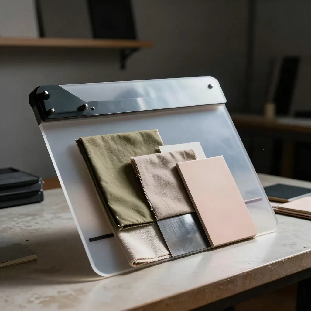 Tablero de dirección visual con muestras, acetatos y metal en una mesa de estudio