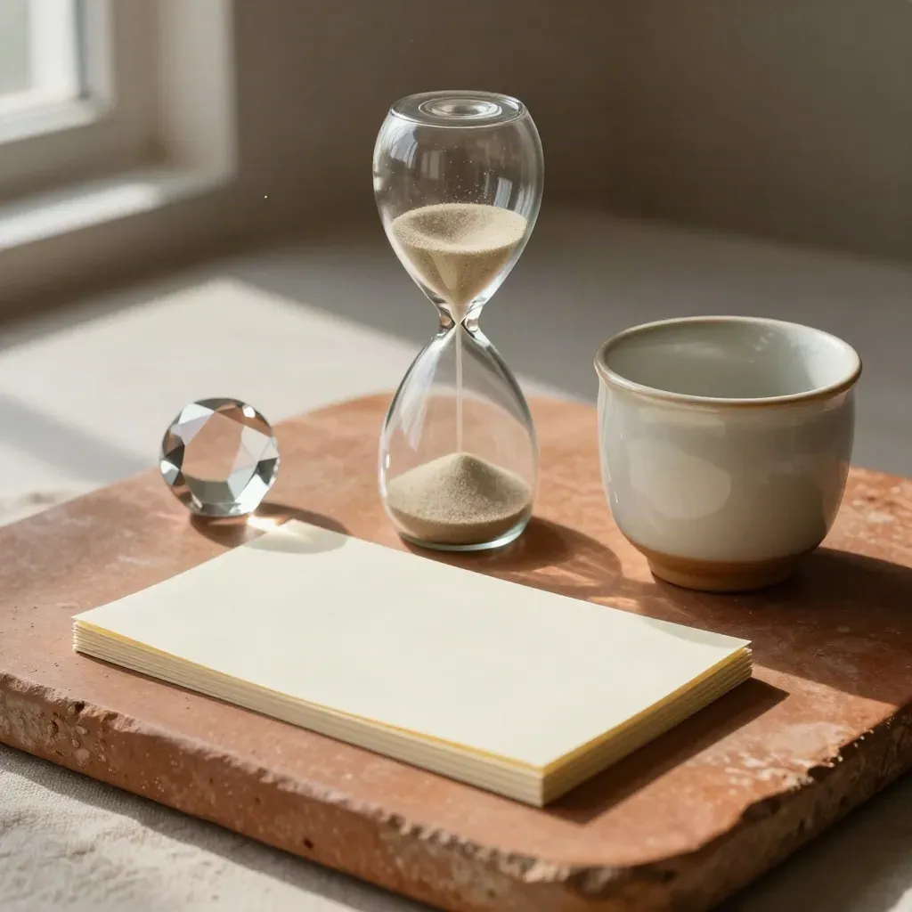 Natureza muerta editorial con reloj de arena, tarjetas en blanco, taza cerámica y pisa papeles de vidrio.