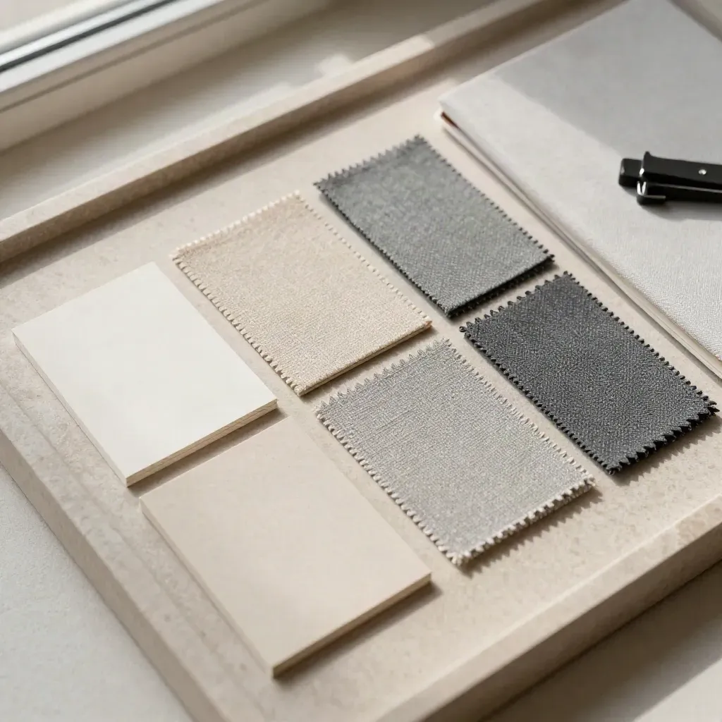 Swatches, telas y cuaderno sobre bandeja de piedra con luz suave lateral.