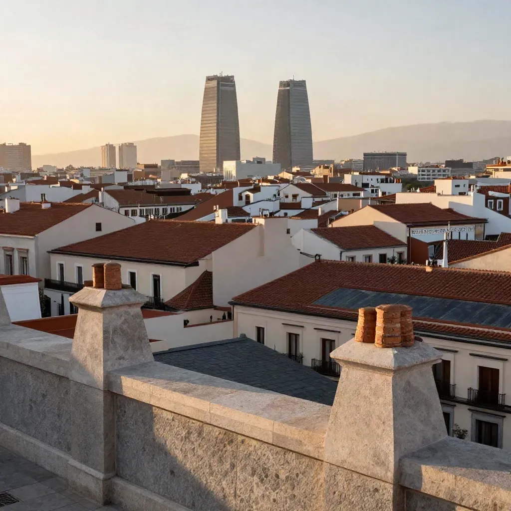Vista de Madrid al amanecer con las Cuatro Torres sobre azoteas de piedra y niebla dorada.