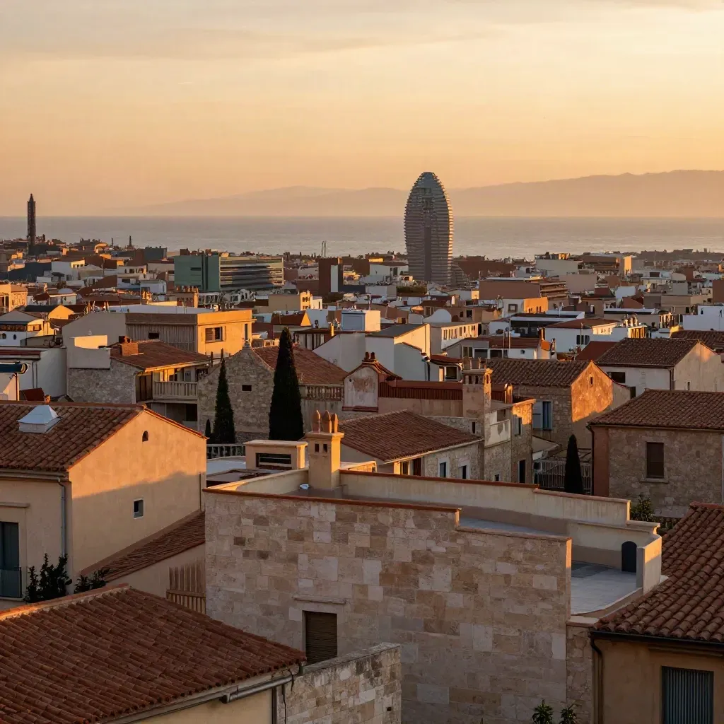 Vista dorada de Barcelona con azoteas modernistas, mar al fondo y terrazas claras