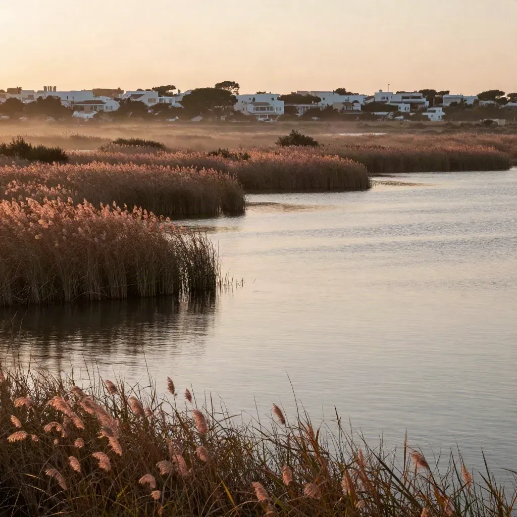La Albufera al atardecer, con juncos, agua en calma y niebla mediterránea.
